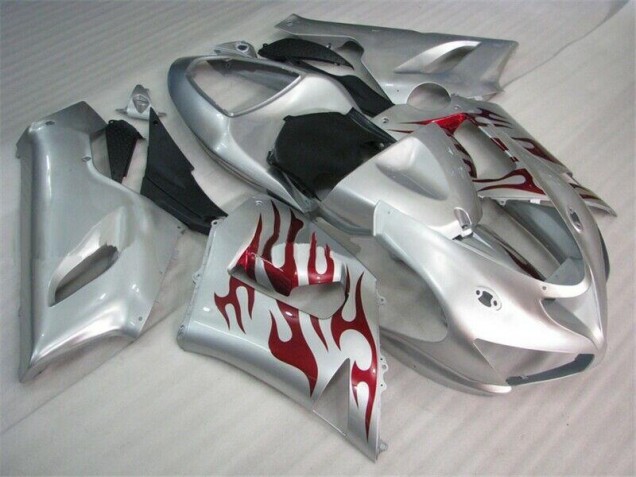 05-06 Silver Red Flames ZX6R Motorcycle Fairings 05-06 Silver Red Flames ZX6R Motorcycle Fairings